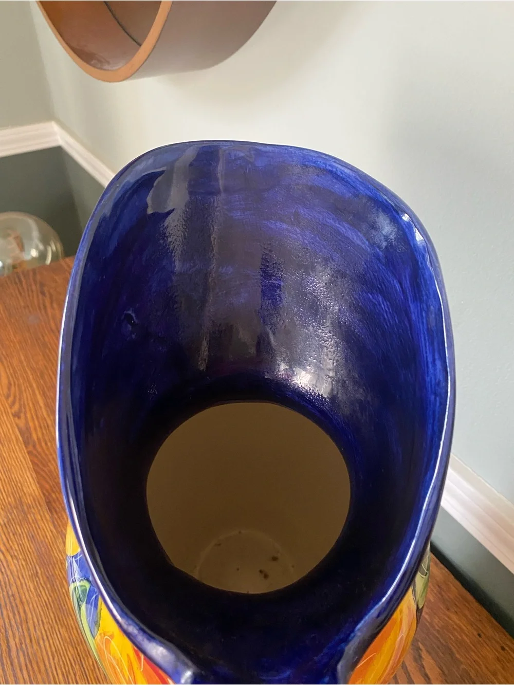 Vintage 90s Large Hand Painted Ceramic Vase / Jug Fruit Motif Blue Orange
